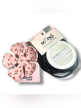 Scunci Hair Accessories Set - Pink Cherry Flower Claw Clip + XL Black Elastics